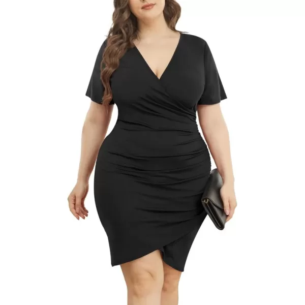 POSESHE Womens Plus Size Dresses Short Sleeve V Neck Ruched Bodycon Wrap Dress Sexy Casual Wedding Guest Cocktail Dress