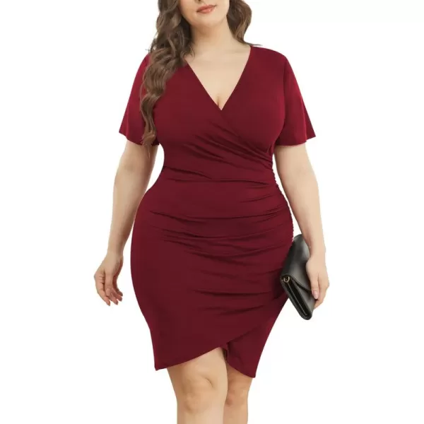 POSESHE Womens Plus Size Dresses Short Sleeve V Neck Ruched Bodycon Wrap Dress Sexy Casual Wedding Guest Cocktail Dress