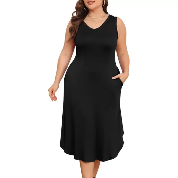 POSESHE Womens Plus Size Dresses Sleeveless V-Neck 2024 Summer Sundress Casual Wedding Guest Cocktail Dress with Pockets
