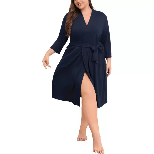 POSESHE Womens Plus Size Kimono Robes Long Knit Bathrobe Lightweight Soft Sleepwear Casual Lady Loungewear with Pockets