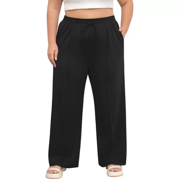 POSESHE Womens Plus Size Pants Casual Elastic Waist 2024 Summer Wide Leg Loose Fit Drawstring Trousers Sweatpant with Pockets