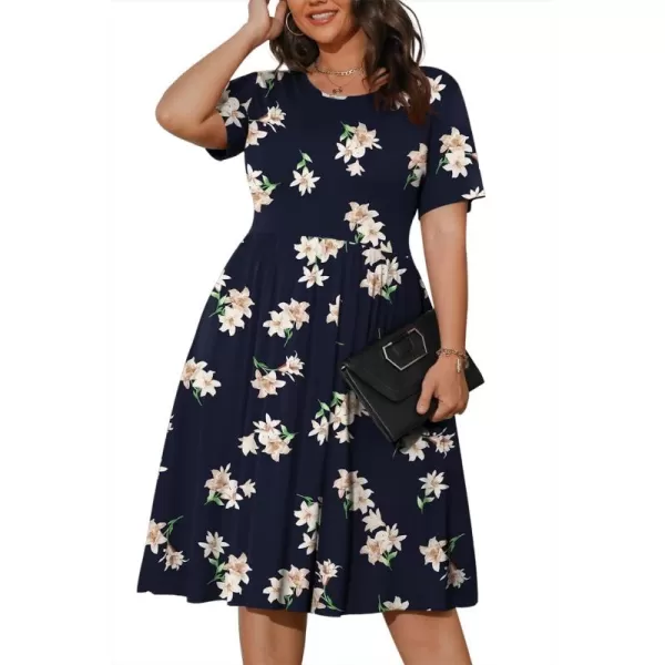 POSESHE Womens Plus Size Summer Dress 2023 Casual Short Sleeve Empire Waist Loose Fit Swing T-Shirt Dress with Pockets