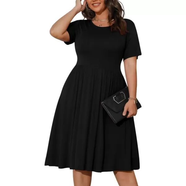 POSESHE Womens Plus Size Summer Dress 2023 Casual Short Sleeve Empire Waist Loose Fit Swing T-Shirt Dress with Pockets