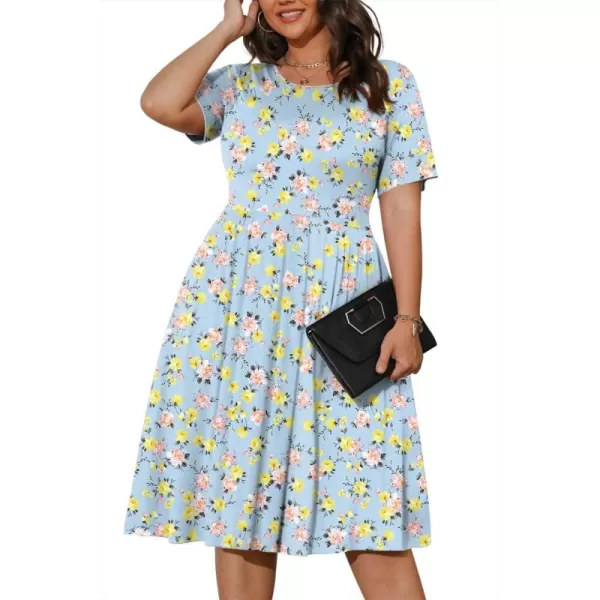 POSESHE Womens Plus Size Summer Dress 2023 Casual Short Sleeve Empire Waist Loose Fit Swing T-Shirt Dress with Pockets