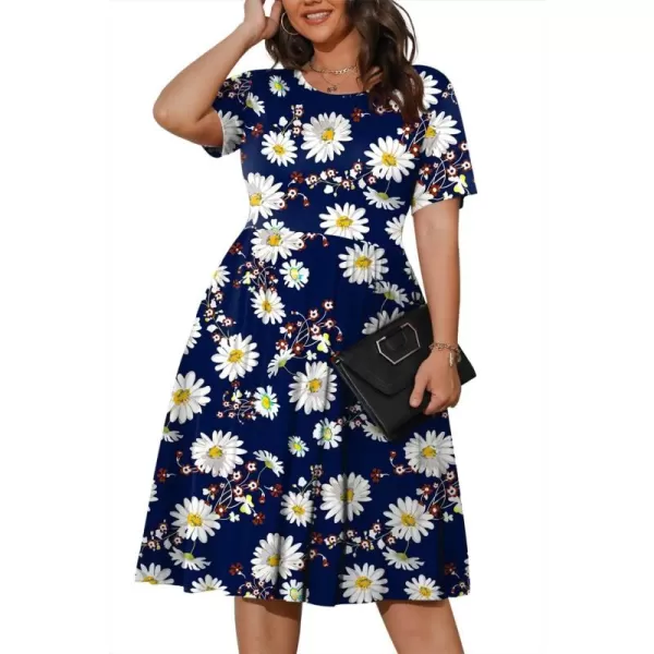 POSESHE Womens Plus Size Summer Dress 2023 Casual Short Sleeve Empire Waist Loose Fit Swing T-Shirt Dress with Pockets