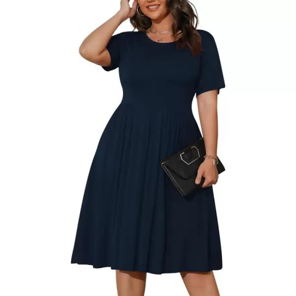 POSESHE Womens Plus Size Summer Dress 2023 Casual Short Sleeve Empire Waist Loose Fit Swing T-Shirt Dress with Pockets