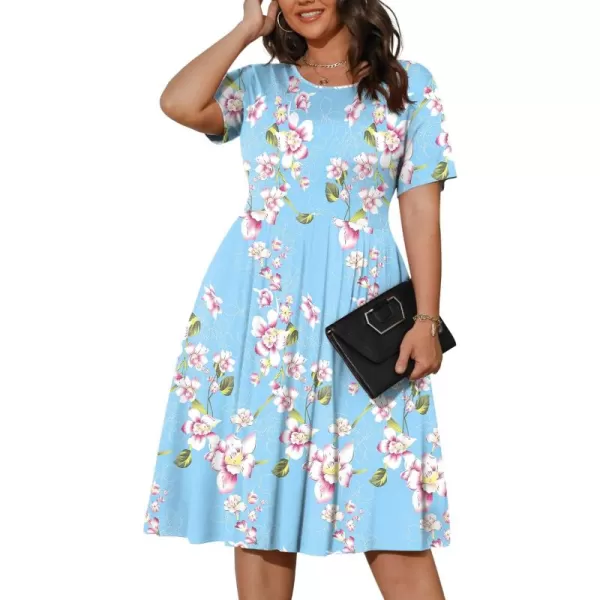 POSESHE Womens Plus Size Summer Dress 2023 Casual Short Sleeve Empire Waist Loose Fit Swing T-Shirt Dress with Pockets