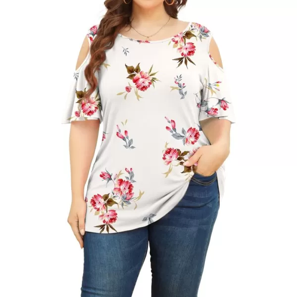 POSESHE Womens Plus Size Summer Tunic Tops Cold Shoulder Tee Ruffle Short Sleeve T Shirt
