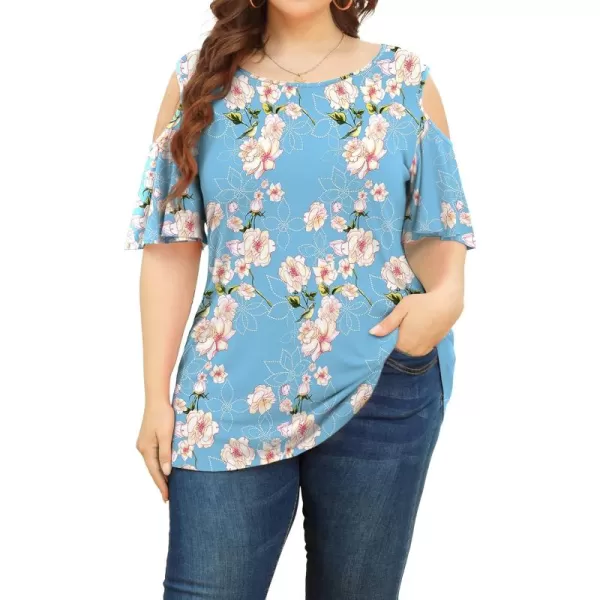 POSESHE Womens Plus Size Summer Tunic Tops Cold Shoulder Tee Ruffle Short Sleeve T Shirt