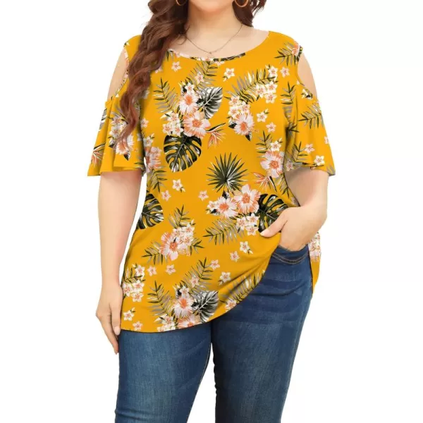POSESHE Womens Plus Size Summer Tunic Tops Cold Shoulder Tee Ruffle Short Sleeve T Shirt