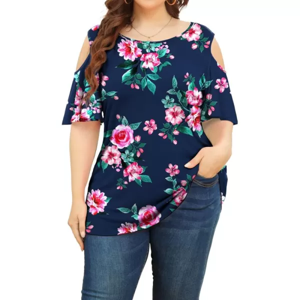 POSESHE Womens Plus Size Summer Tunic Tops Cold Shoulder Tee Ruffle Short Sleeve T Shirt