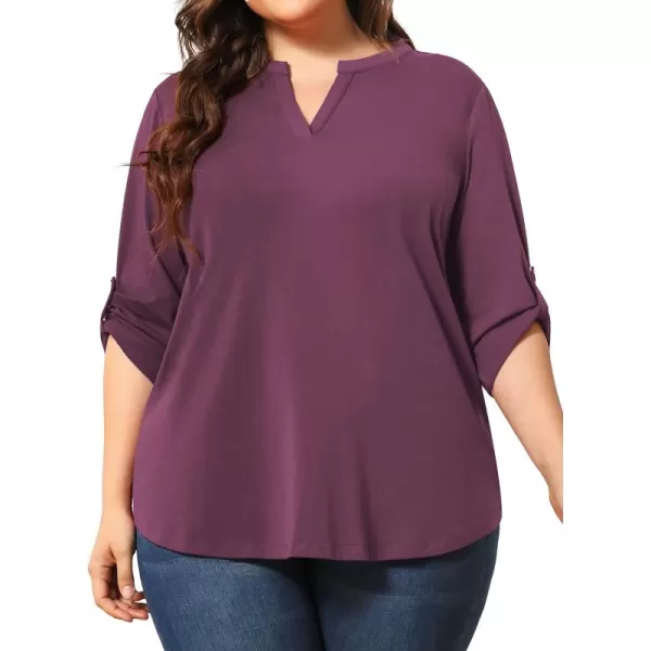 POSESHE Women's Plus Size Tunic Tops 3/4 Roll Sleeve Tops V Neck Shirts Casual Blouses