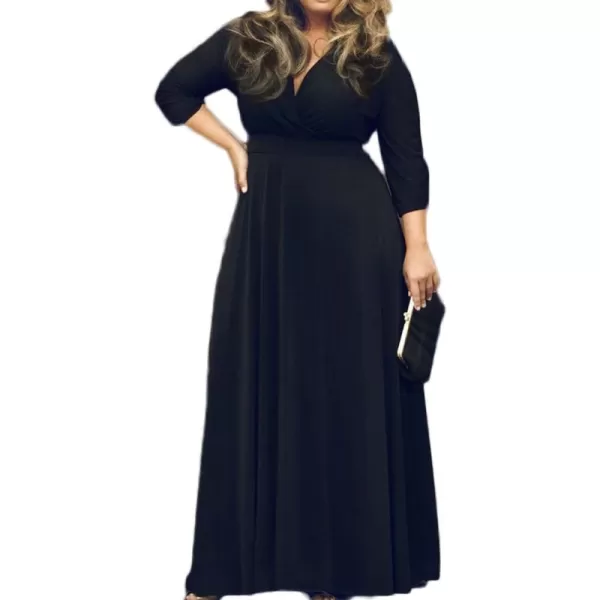 POSESHE Women's Solid V-Neck 3/4 Sleeve Plus Size Evening Party Maxi Dress