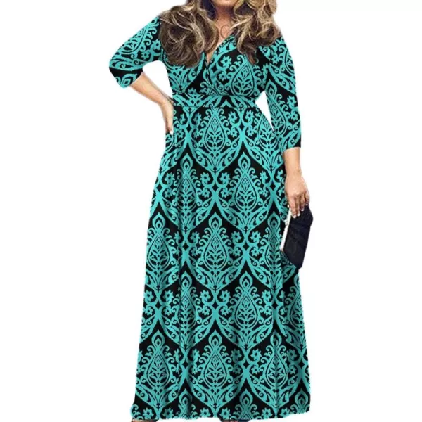 POSESHE Women's Solid V-Neck 3/4 Sleeve Plus Size Evening Party Maxi Dress