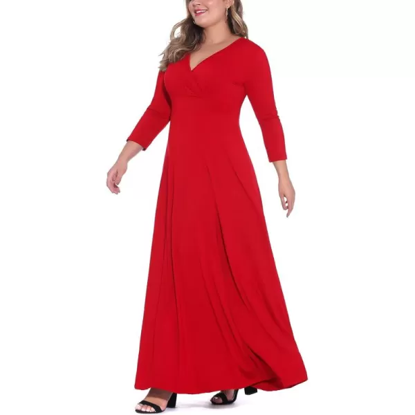 POSESHE Women's Solid V-Neck 3/4 Sleeve Plus Size Evening Party Maxi Dress