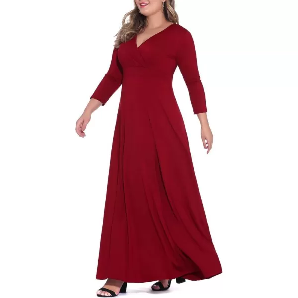 POSESHE Women's Solid V-Neck 3/4 Sleeve Plus Size Evening Party Maxi Dress