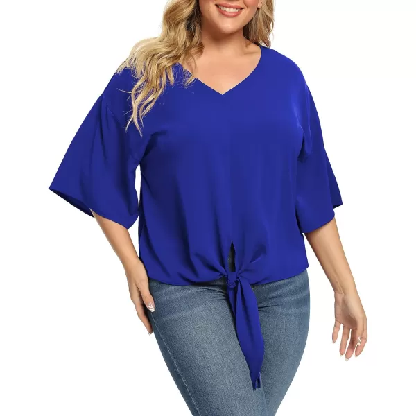 POSESHE Womens Plus Size Floral Tie Front Chiffon Blouses V Neck Batwing Short Sleeve Summer Tops Shirts