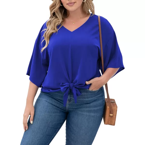 POSESHE Womens Plus Size Floral Tie Front Chiffon Blouses V Neck Batwing Short Sleeve Summer Tops Shirts
