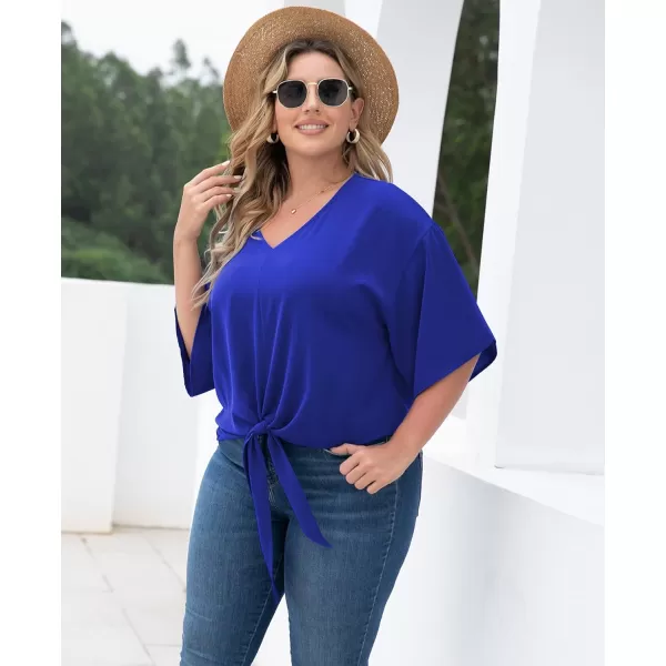 POSESHE Womens Plus Size Floral Tie Front Chiffon Blouses V Neck Batwing Short Sleeve Summer Tops Shirts