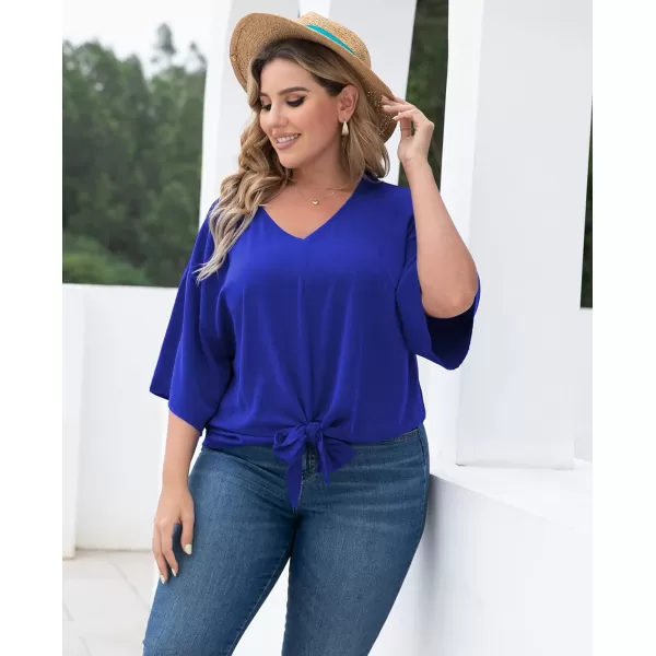 POSESHE Womens Plus Size Floral Tie Front Chiffon Blouses V Neck Batwing Short Sleeve Summer Tops Shirts