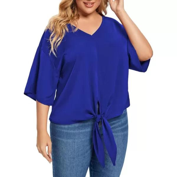 POSESHE Womens Plus Size Floral Tie Front Chiffon Blouses V Neck Batwing Short Sleeve Summer Tops Shirts