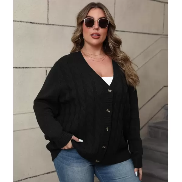 imagePOSESHE Womens Plus Size Open Front Cardigan Sweaters Fashion Button Down Cable Knit Chunky Outwear CoatsBlack