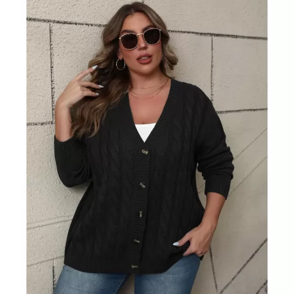 imagePOSESHE Womens Plus Size Open Front Cardigan Sweaters Fashion Button Down Cable Knit Chunky Outwear CoatsBlack