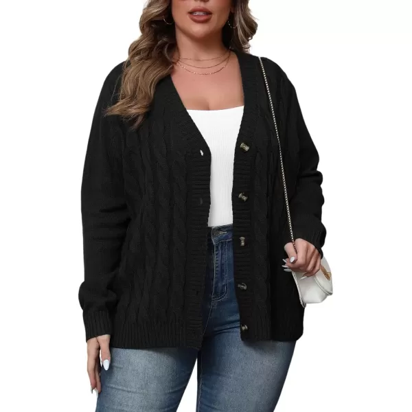 imagePOSESHE Womens Plus Size Open Front Cardigan Sweaters Fashion Button Down Cable Knit Chunky Outwear CoatsBlack