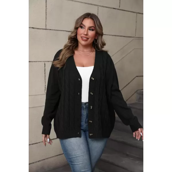 imagePOSESHE Womens Plus Size Open Front Cardigan Sweaters Fashion Button Down Cable Knit Chunky Outwear CoatsBlack