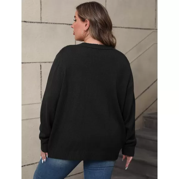 imagePOSESHE Womens Plus Size Open Front Cardigan Sweaters Fashion Button Down Cable Knit Chunky Outwear CoatsBlack