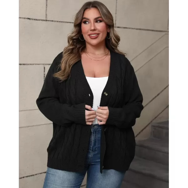 imagePOSESHE Womens Plus Size Open Front Cardigan Sweaters Fashion Button Down Cable Knit Chunky Outwear CoatsBlack