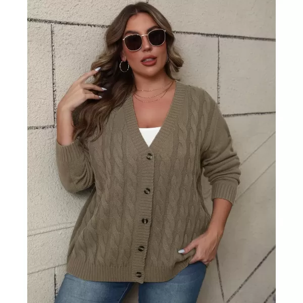 imagePOSESHE Womens Plus Size Open Front Cardigan Sweaters Fashion Button Down Cable Knit Chunky Outwear CoatsBrown