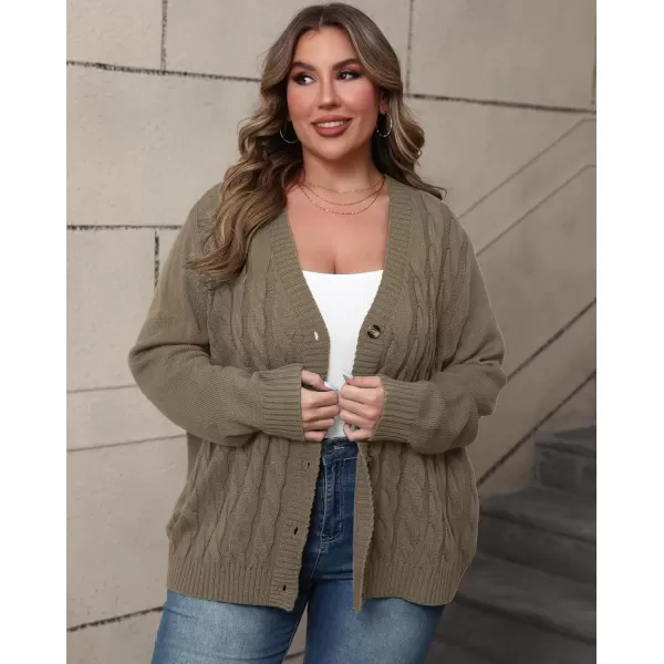 imagePOSESHE Womens Plus Size Open Front Cardigan Sweaters Fashion Button Down Cable Knit Chunky Outwear CoatsBrown