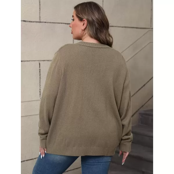 imagePOSESHE Womens Plus Size Open Front Cardigan Sweaters Fashion Button Down Cable Knit Chunky Outwear CoatsBrown