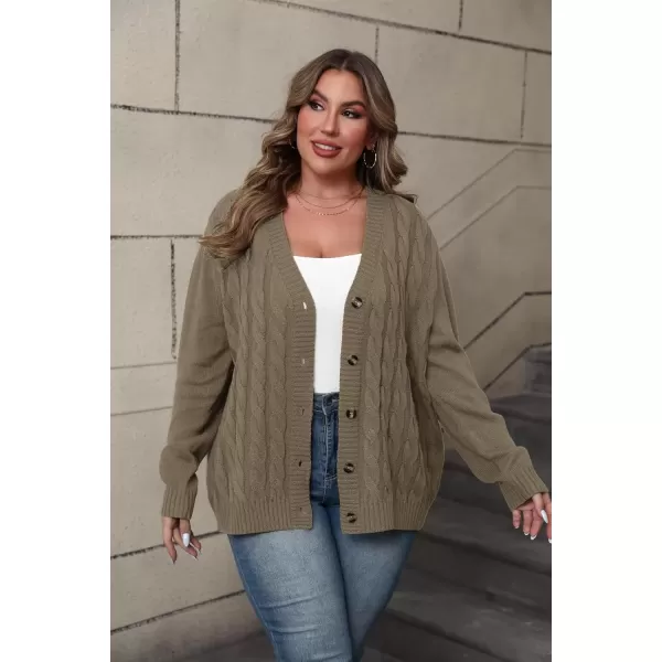imagePOSESHE Womens Plus Size Open Front Cardigan Sweaters Fashion Button Down Cable Knit Chunky Outwear CoatsBrown