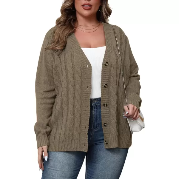 imagePOSESHE Womens Plus Size Open Front Cardigan Sweaters Fashion Button Down Cable Knit Chunky Outwear CoatsBrown