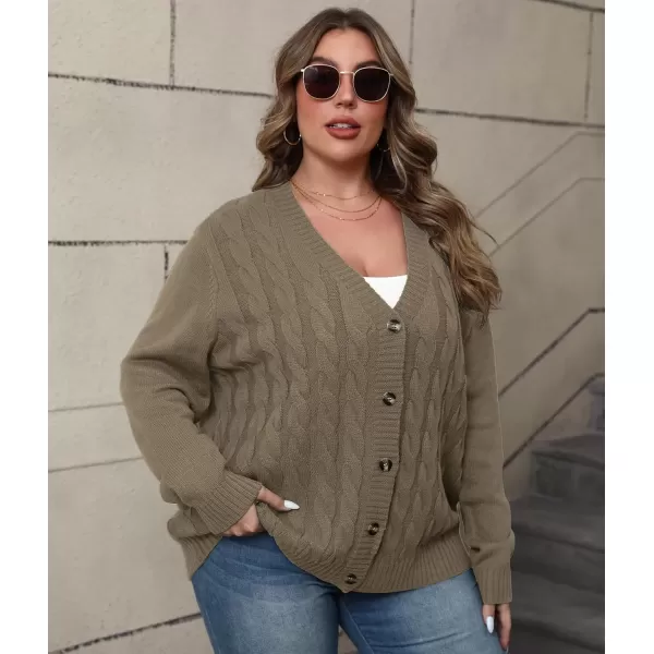 imagePOSESHE Womens Plus Size Open Front Cardigan Sweaters Fashion Button Down Cable Knit Chunky Outwear CoatsBrown