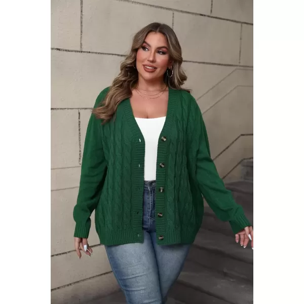 imagePOSESHE Womens Plus Size Open Front Cardigan Sweaters Fashion Button Down Cable Knit Chunky Outwear CoatsDark Green