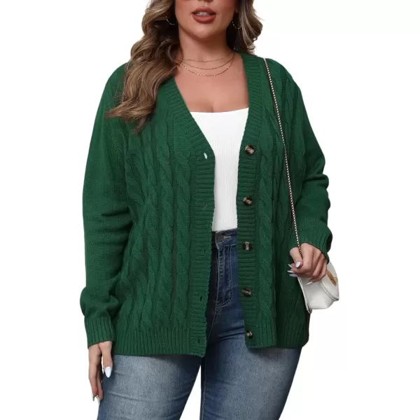 imagePOSESHE Womens Plus Size Open Front Cardigan Sweaters Fashion Button Down Cable Knit Chunky Outwear CoatsDark Green