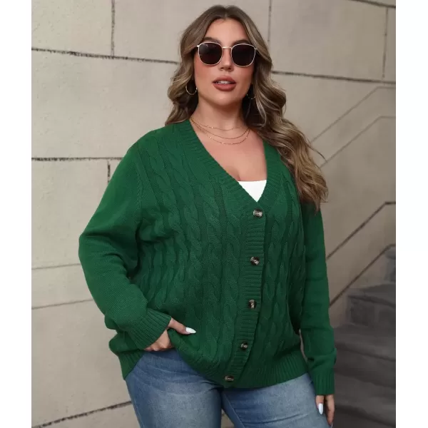 imagePOSESHE Womens Plus Size Open Front Cardigan Sweaters Fashion Button Down Cable Knit Chunky Outwear CoatsDark Green