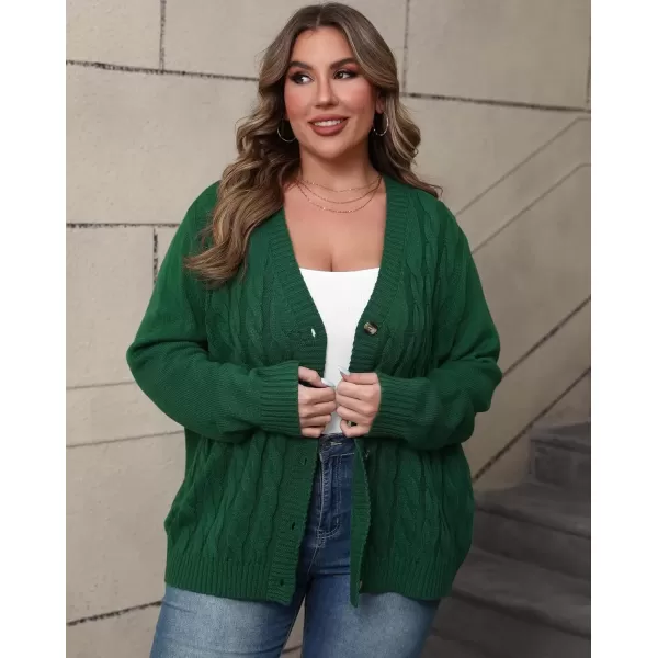 imagePOSESHE Womens Plus Size Open Front Cardigan Sweaters Fashion Button Down Cable Knit Chunky Outwear CoatsDark Green