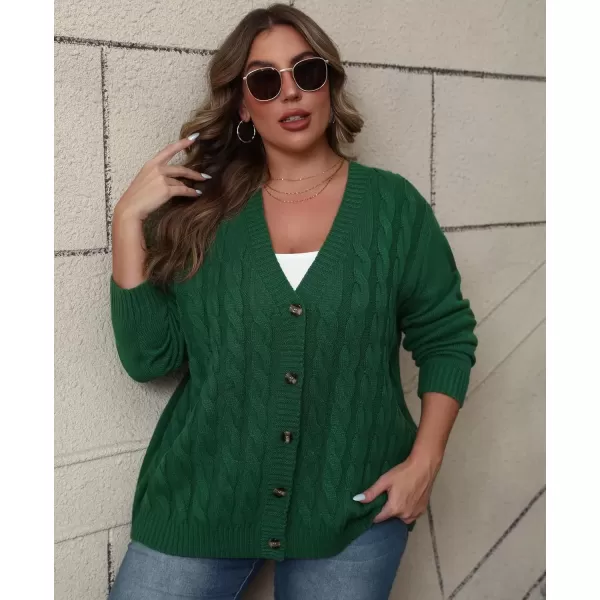 imagePOSESHE Womens Plus Size Open Front Cardigan Sweaters Fashion Button Down Cable Knit Chunky Outwear CoatsDark Green