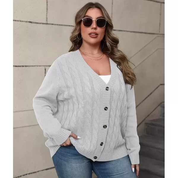 imagePOSESHE Womens Plus Size Open Front Cardigan Sweaters Fashion Button Down Cable Knit Chunky Outwear CoatsGray