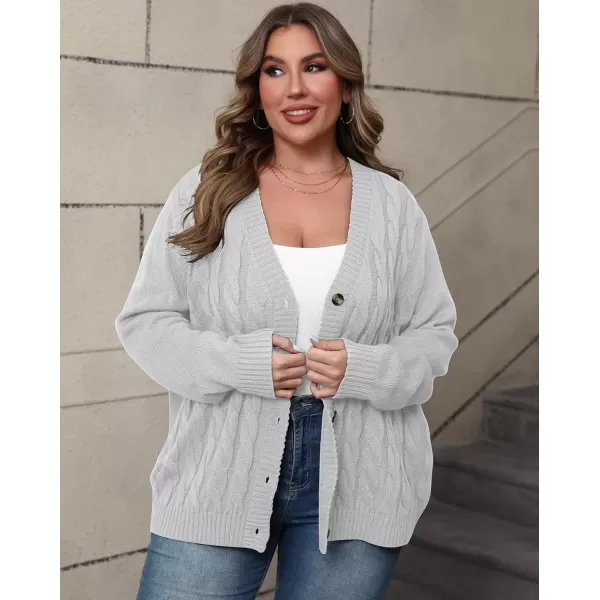 imagePOSESHE Womens Plus Size Open Front Cardigan Sweaters Fashion Button Down Cable Knit Chunky Outwear CoatsGray