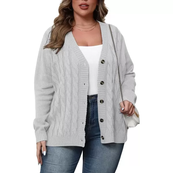 imagePOSESHE Womens Plus Size Open Front Cardigan Sweaters Fashion Button Down Cable Knit Chunky Outwear CoatsGray