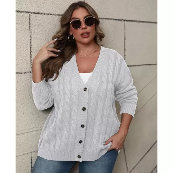 imagePOSESHE Womens Plus Size Open Front Cardigan Sweaters Fashion Button Down Cable Knit Chunky Outwear CoatsGray