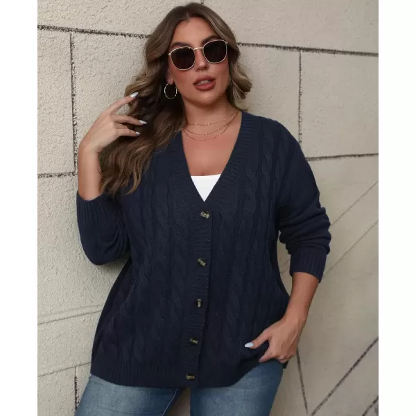 imagePOSESHE Womens Plus Size Open Front Cardigan Sweaters Fashion Button Down Cable Knit Chunky Outwear CoatsNavy Blue