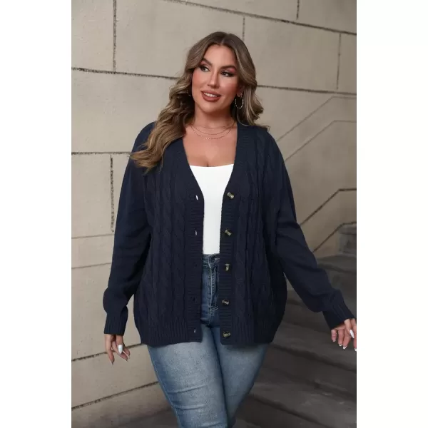 imagePOSESHE Womens Plus Size Open Front Cardigan Sweaters Fashion Button Down Cable Knit Chunky Outwear CoatsNavy Blue