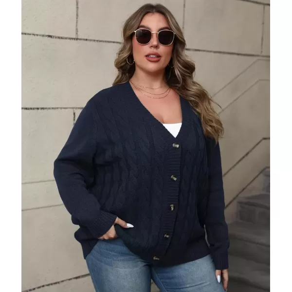 imagePOSESHE Womens Plus Size Open Front Cardigan Sweaters Fashion Button Down Cable Knit Chunky Outwear CoatsNavy Blue