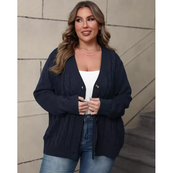 imagePOSESHE Womens Plus Size Open Front Cardigan Sweaters Fashion Button Down Cable Knit Chunky Outwear CoatsNavy Blue
